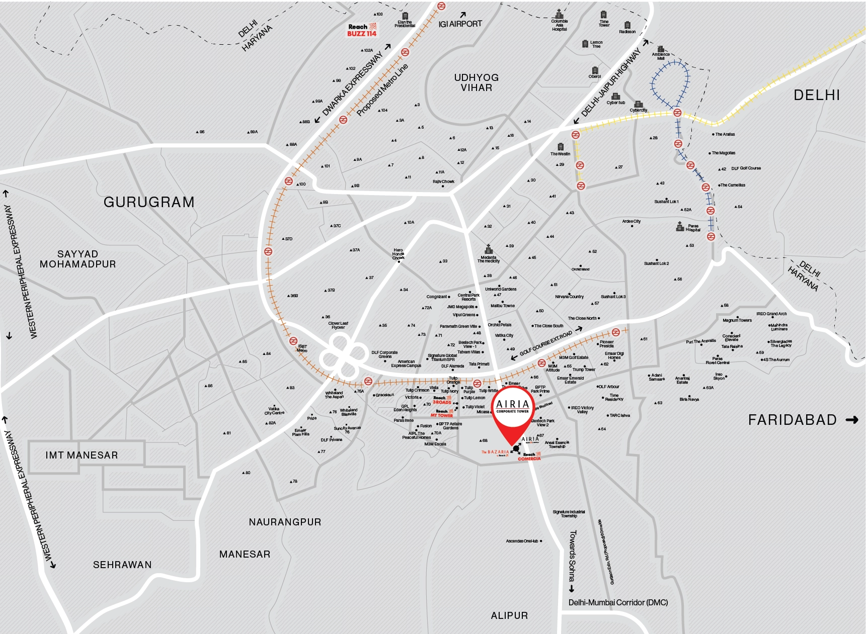 Location map of Reach Airia Corporate Tower Gurugram
